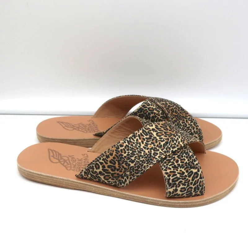 Ancient Greek Sandals Thais Crisscross Slides Leopard Print Satin Size 38 NEW