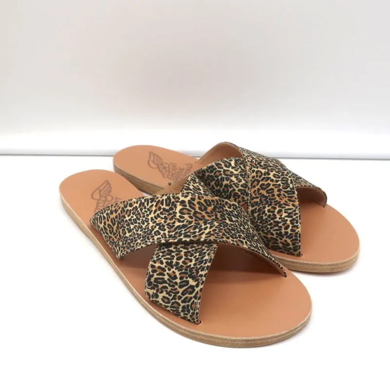 Ancient Greek Sandals Thais Crisscross Slides Leopard Print Satin Size 38 NEW