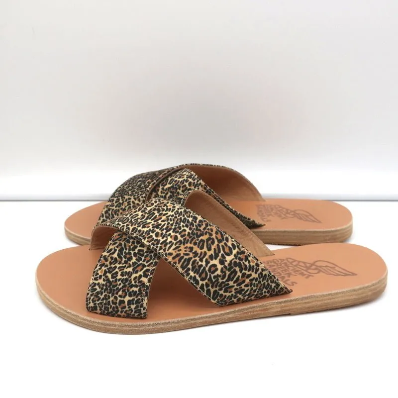 Ancient Greek Sandals Thais Crisscross Slides Leopard Print Satin Size 38 NEW