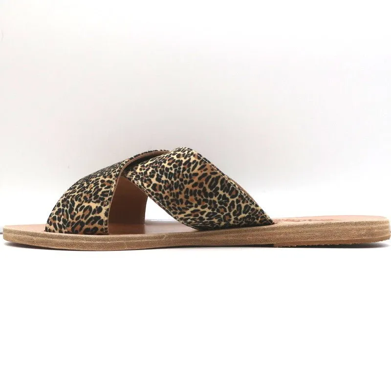 Ancient Greek Sandals Thais Crisscross Slides Leopard Print Satin Size 38 NEW