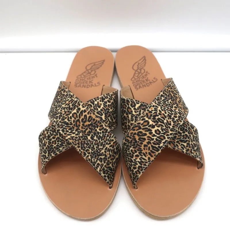 Ancient Greek Sandals Thais Crisscross Slides Leopard Print Satin Size 38 NEW