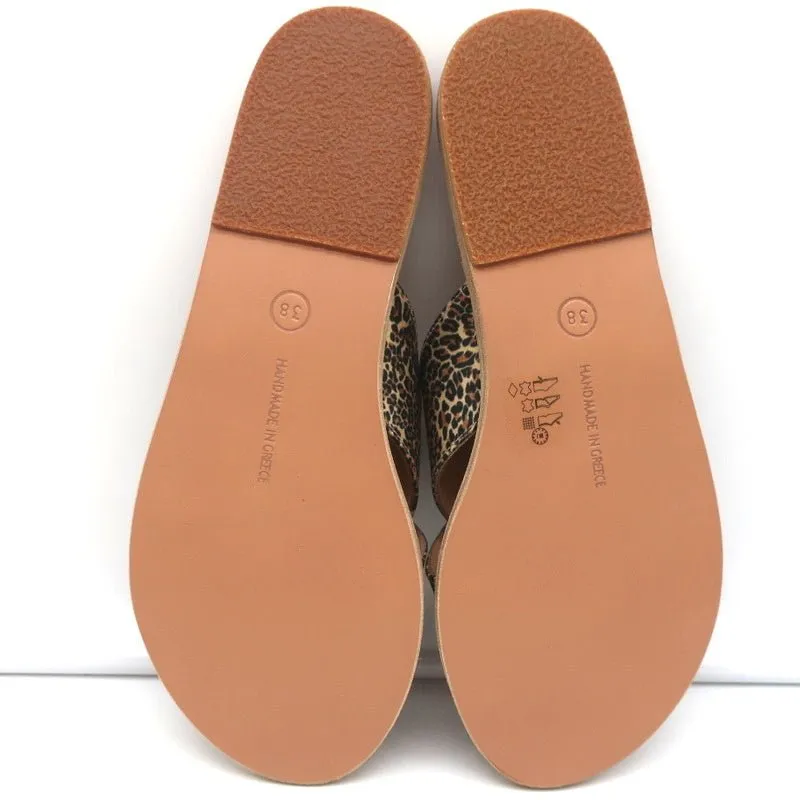 Ancient Greek Sandals Thais Crisscross Slides Leopard Print Satin Size 38 NEW