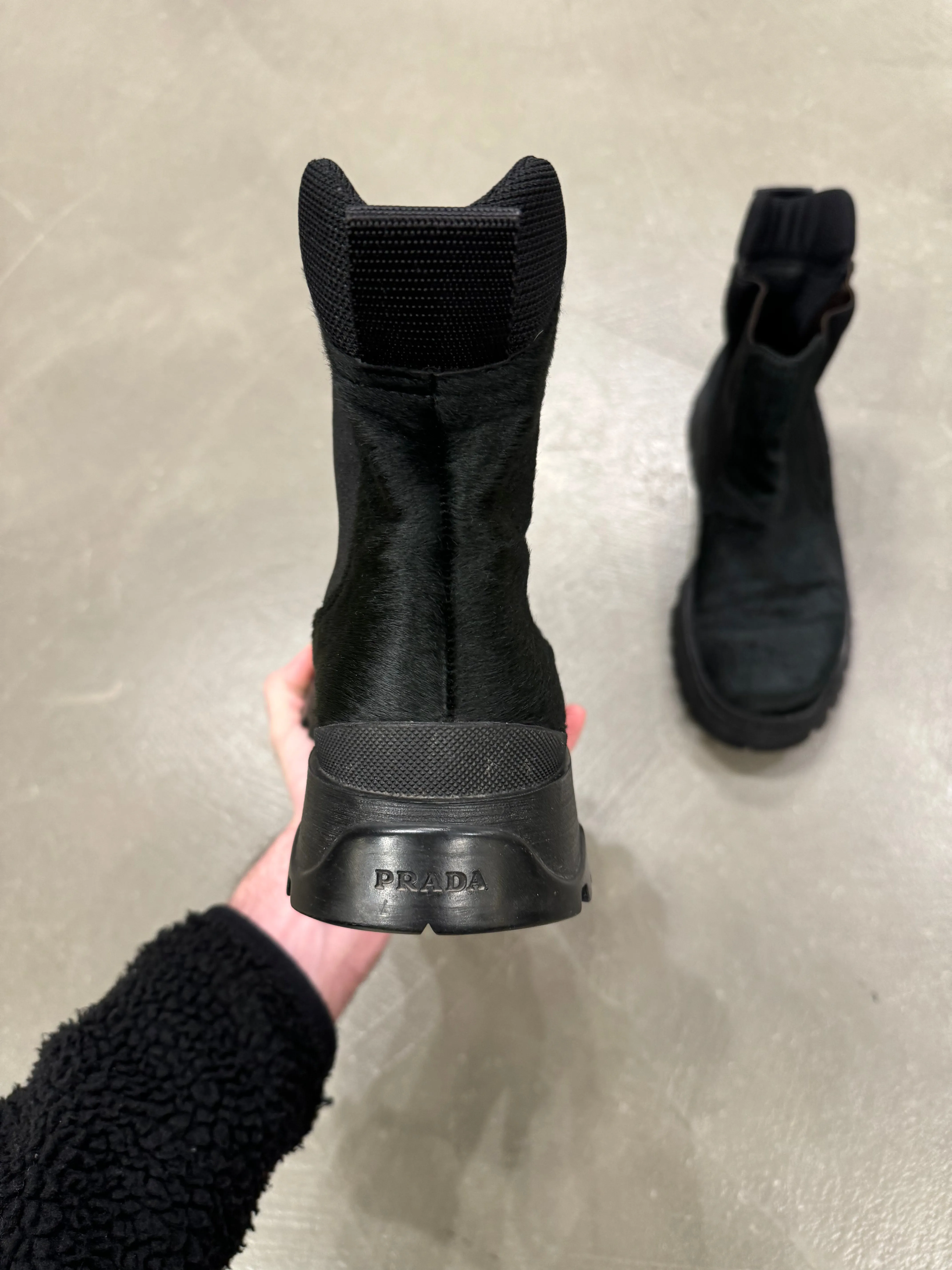 AW1999 Prada black pony hair leather boots