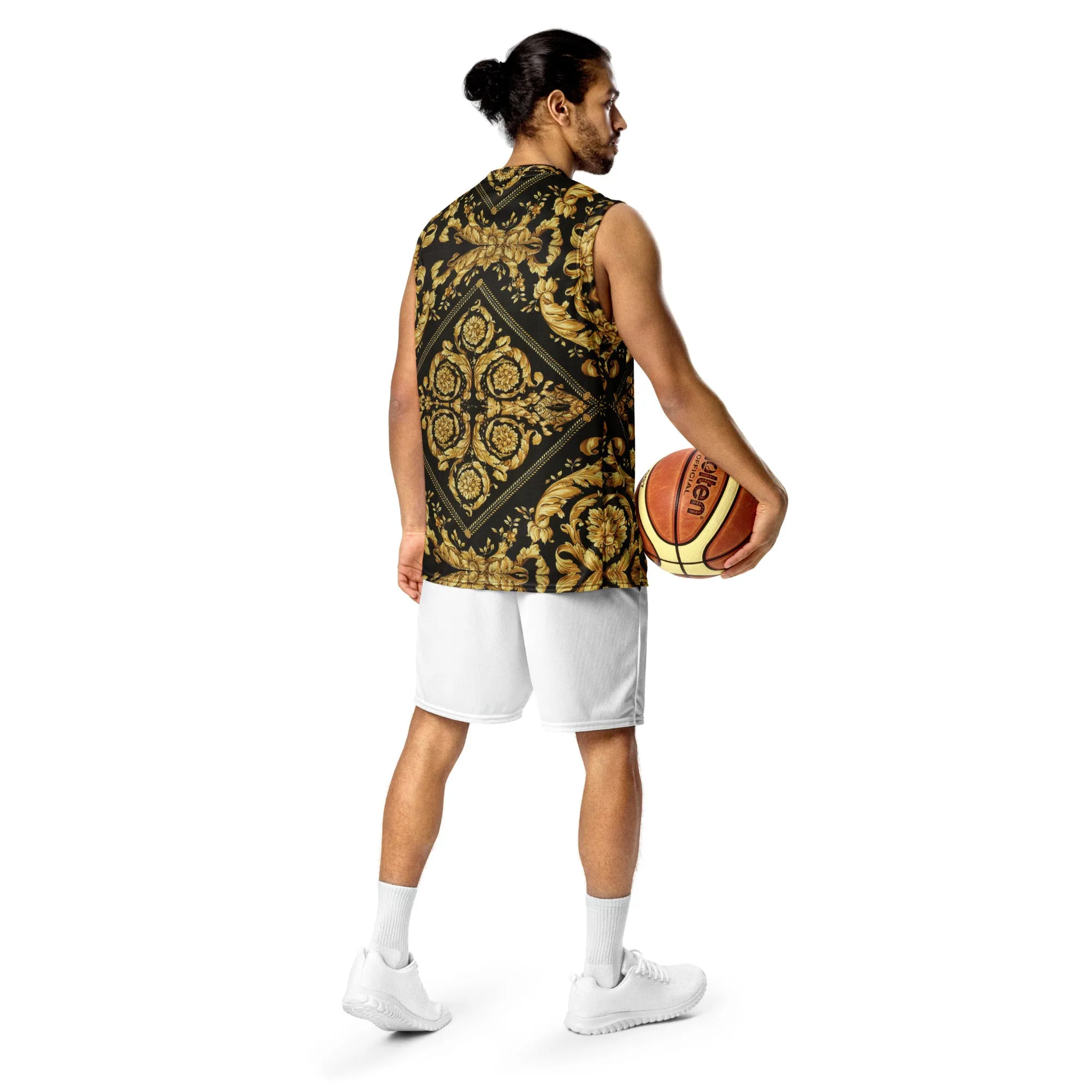 Baroque Gold Scarf Print Recycled Unisex V Neck Basketball Jersey
