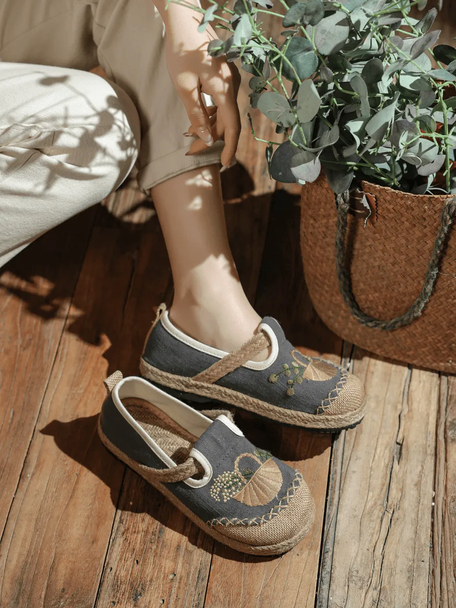 Basket Embroidered Linen Espadrille Loafer - Grey