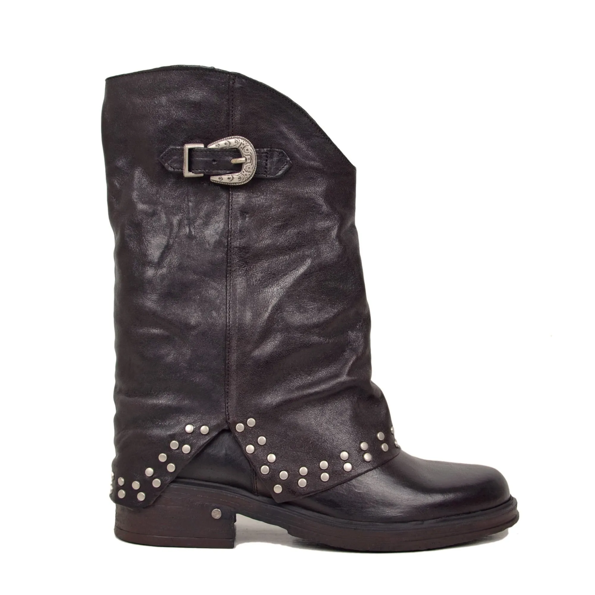 Biker Boots con Borchie Argentate e Ghetta Pelle Testa di Moro