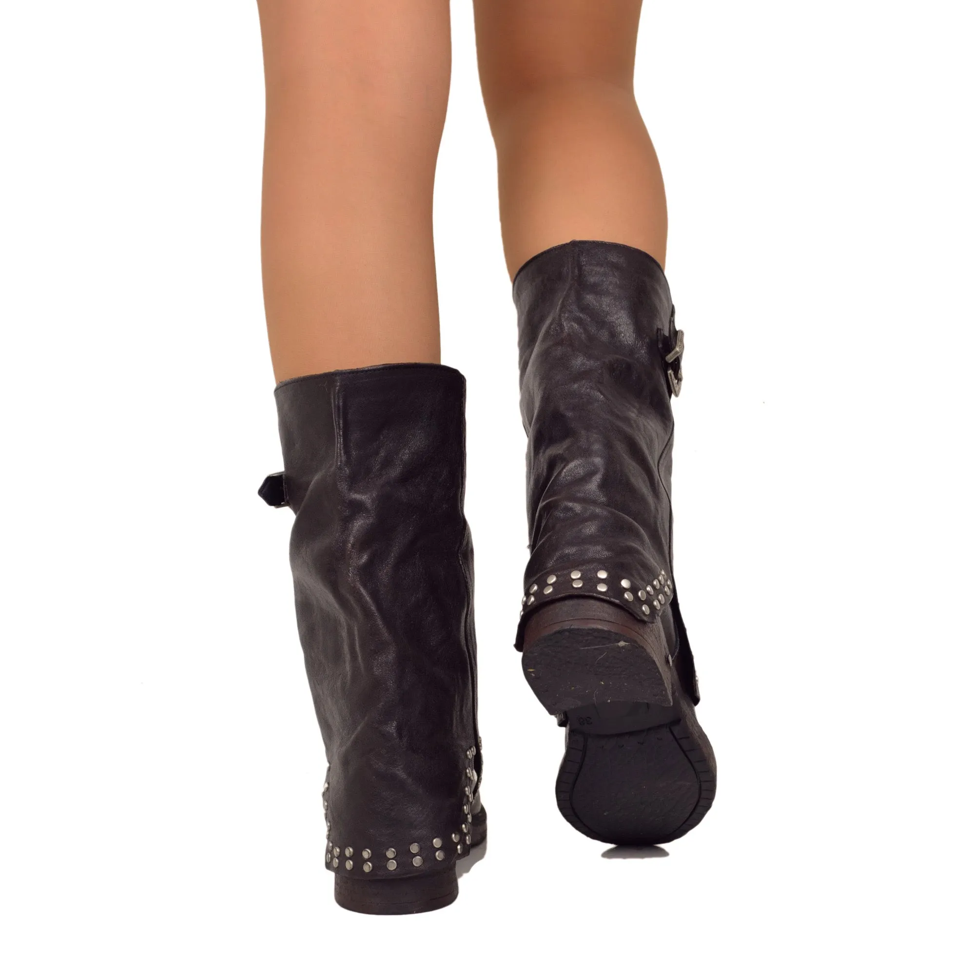 Biker Boots con Borchie Argentate e Ghetta Pelle Testa di Moro