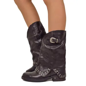 Biker Boots con Borchie Argentate e Ghetta Pelle Testa di Moro