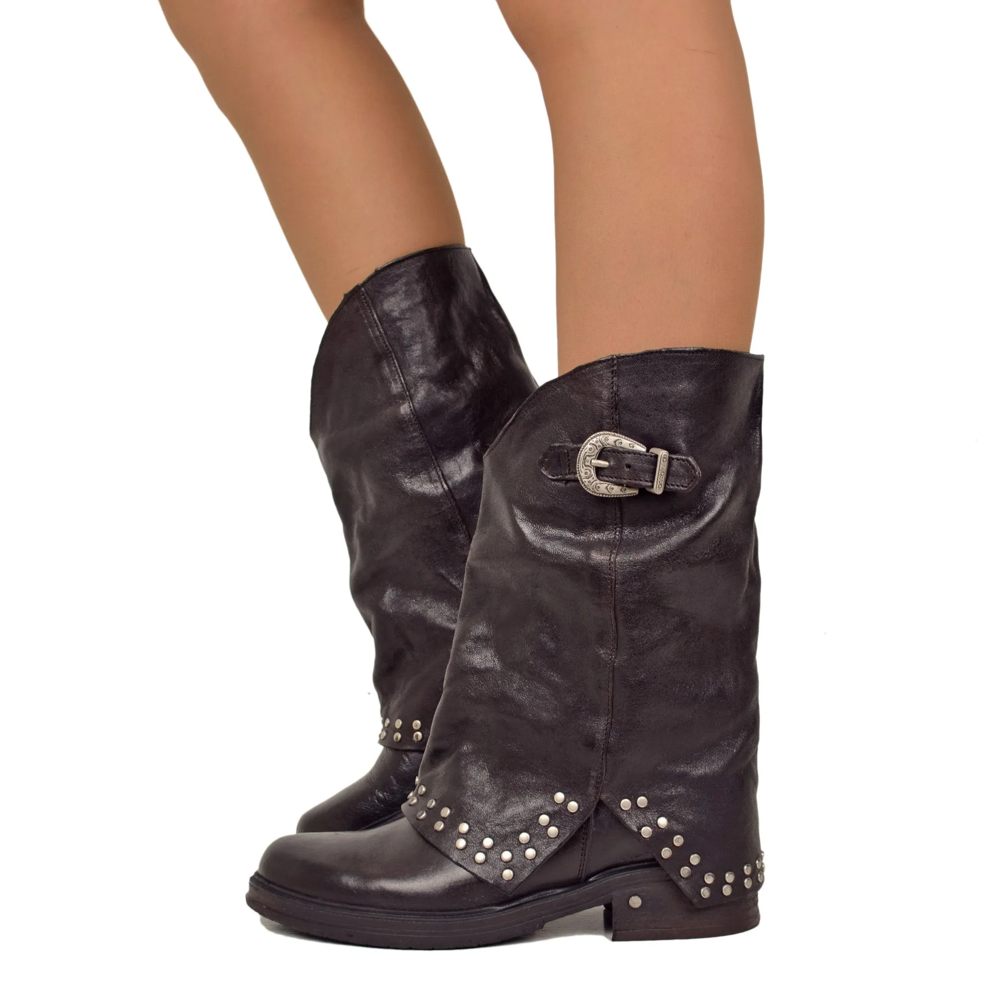 Biker Boots con Borchie Argentate e Ghetta Pelle Testa di Moro