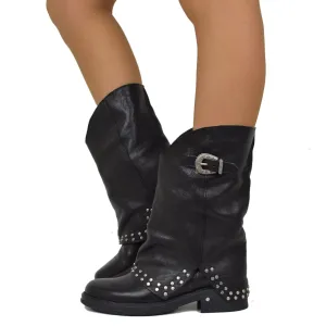 Biker Boots con Borchie Argentate e Ghetta Vera Pelle Nero