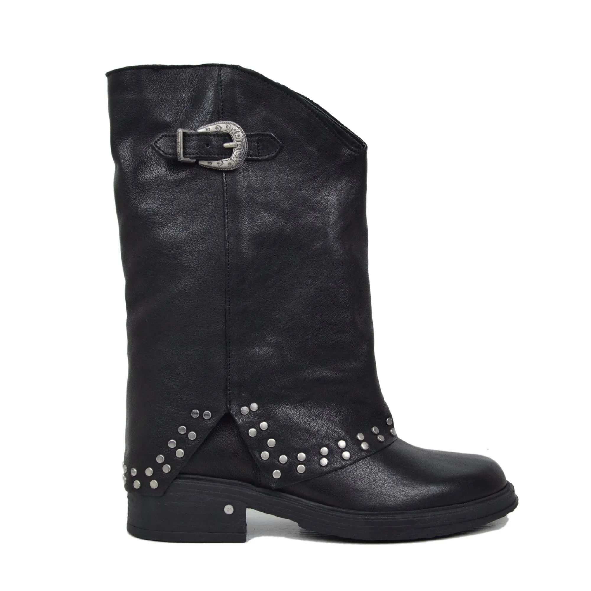 Biker Boots con Borchie Argentate e Ghetta Vera Pelle Nero