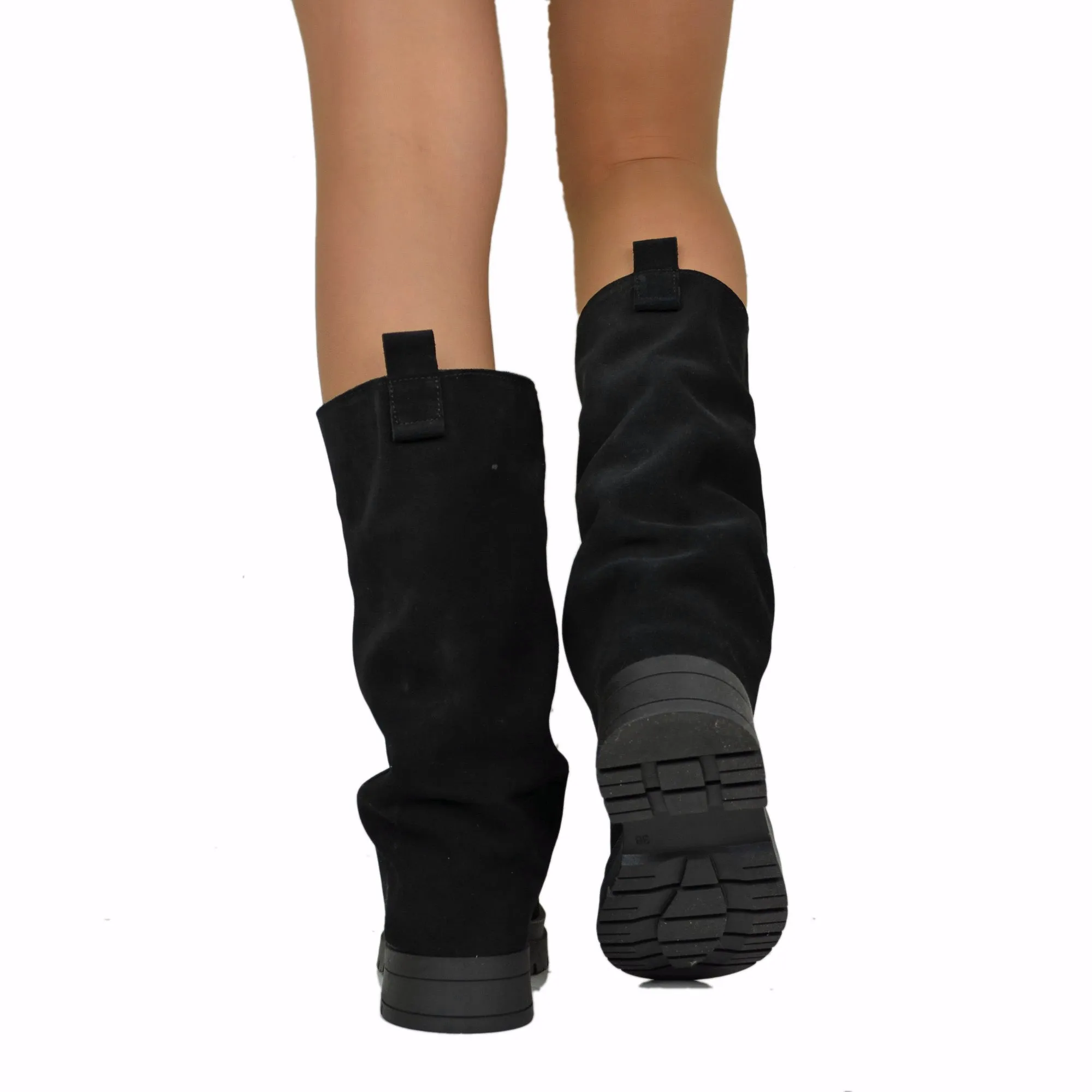 Biker Boots con Ghetta in Pelle Fondo Platform Pianta Larga Camoscio Nero