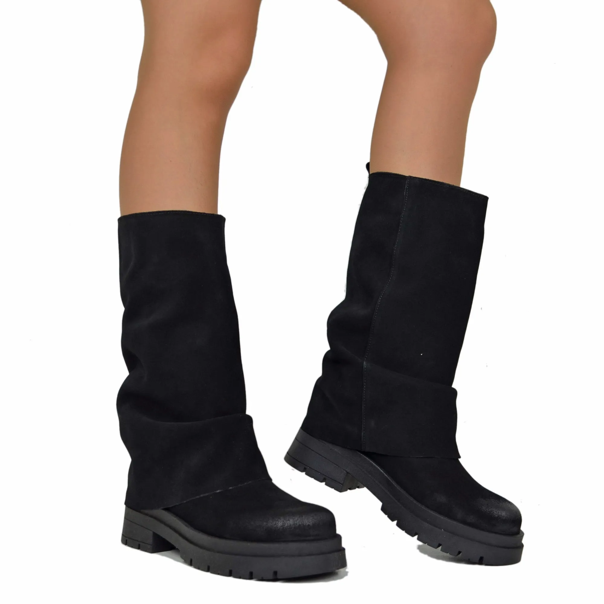 Biker Boots con Ghetta in Pelle Fondo Platform Pianta Larga Camoscio Nero