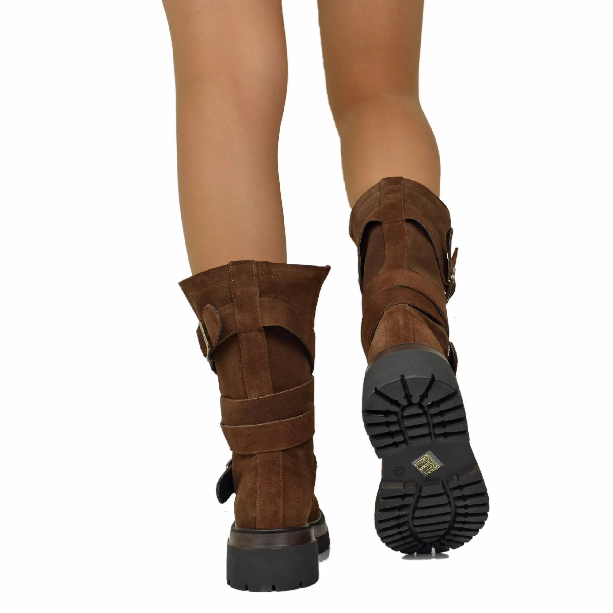 Biker Boots Donna in Pelle Scamosciata Marroni Made in Italy con Fibbie