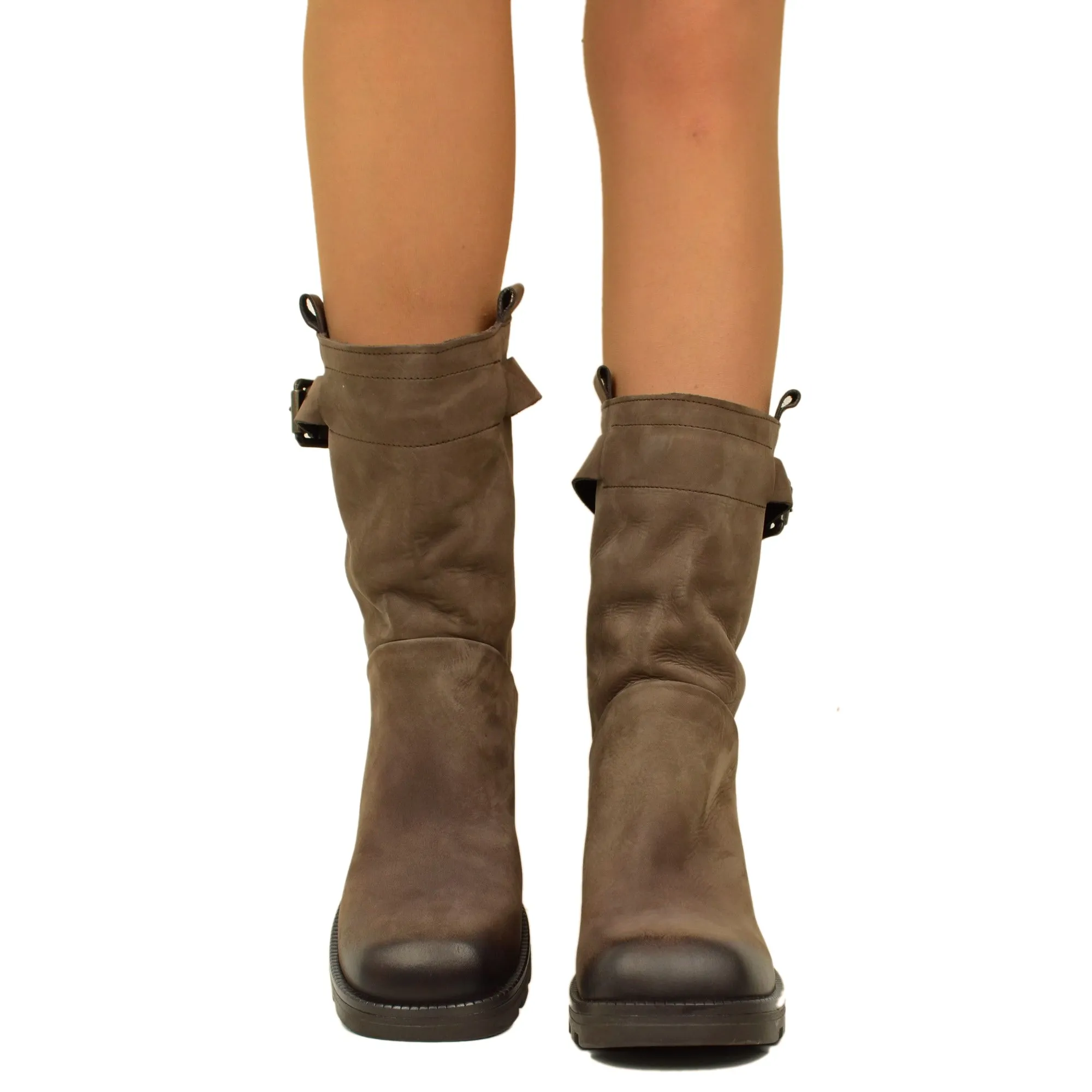 Biker Boots in Pelle Nabuk Testa di Moro con Punta Quadrata