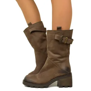 Biker Boots in Pelle Nabuk Testa di Moro con Punta Quadrata