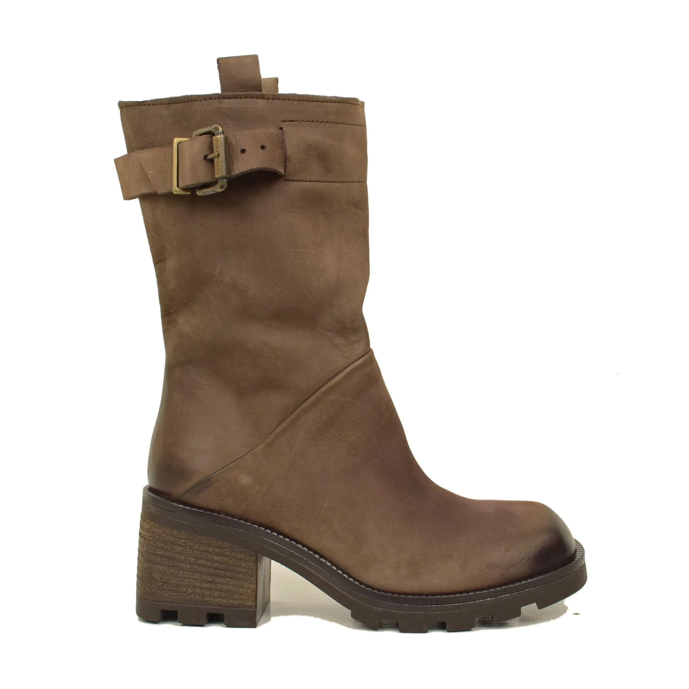 Biker Boots in Pelle Nabuk Testa di Moro con Punta Quadrata
