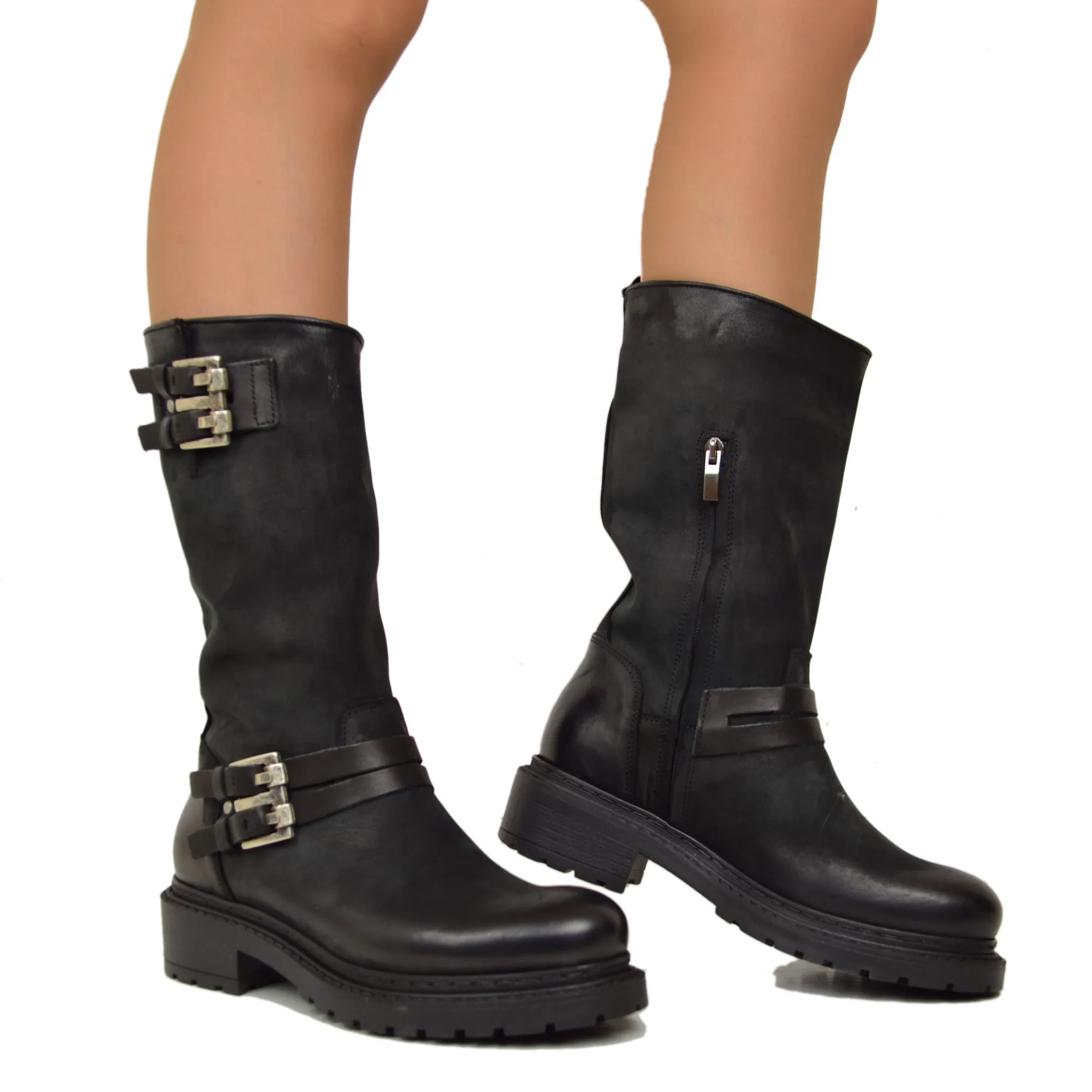 Biker boots Pelle Nabuk Stivaletti Altezza Media con Zip Neri