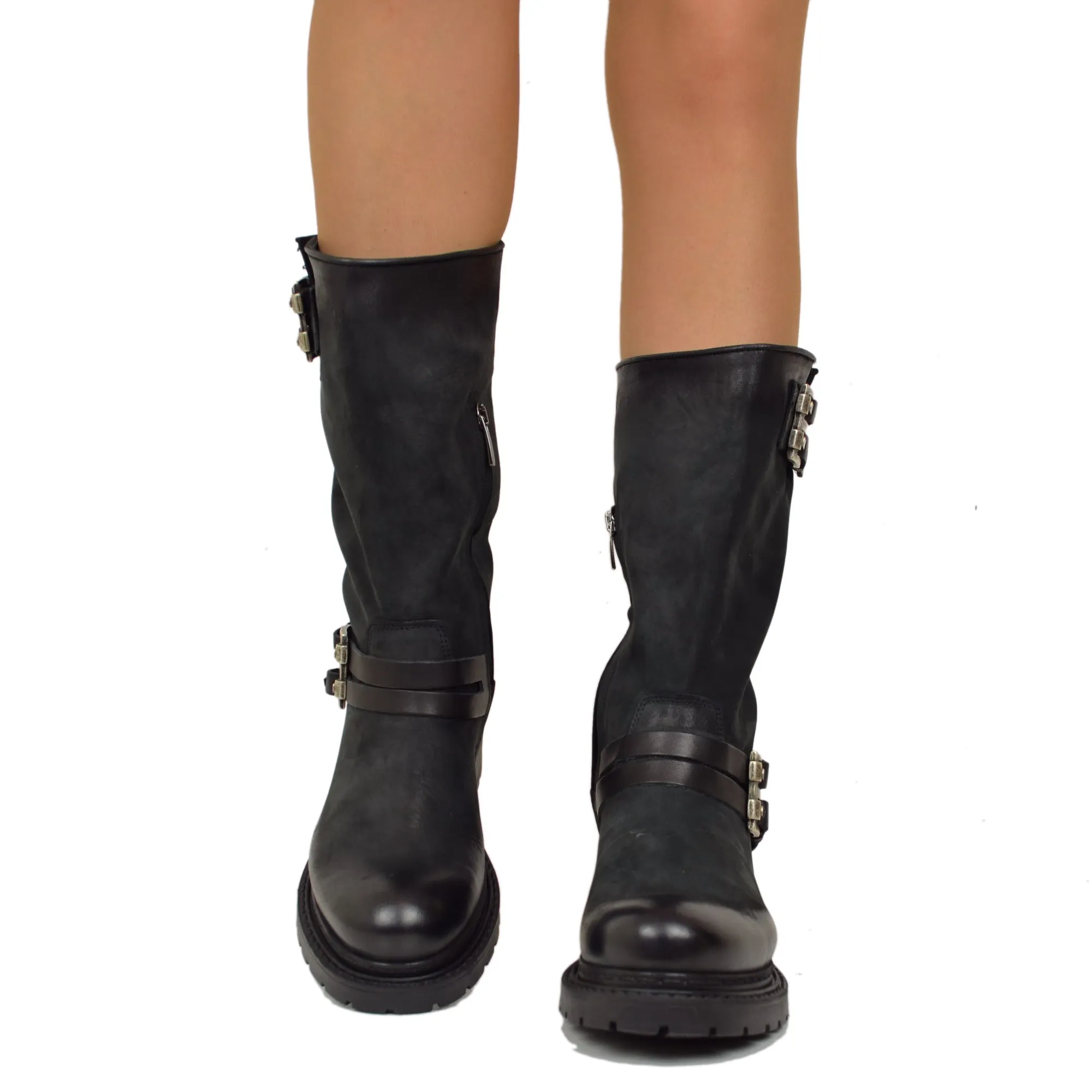 Biker boots Pelle Nabuk Stivaletti Altezza Media con Zip Neri