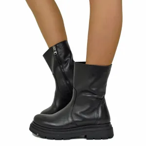 Biker Boots Platform Bassi Semplici Caviglia Stretta con Zip Neri