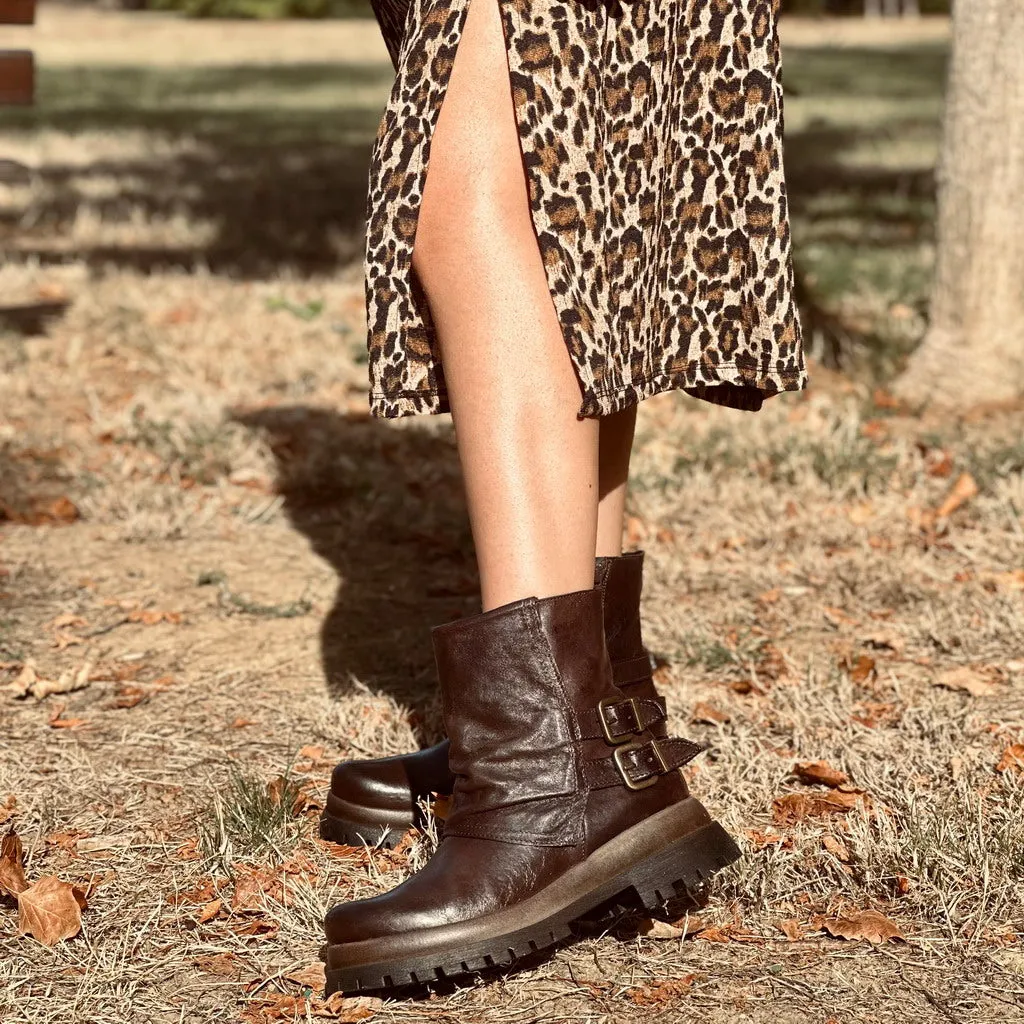 Biker Boots Platform con Ghetta e Zip Laterale Vera Pelle Marrone