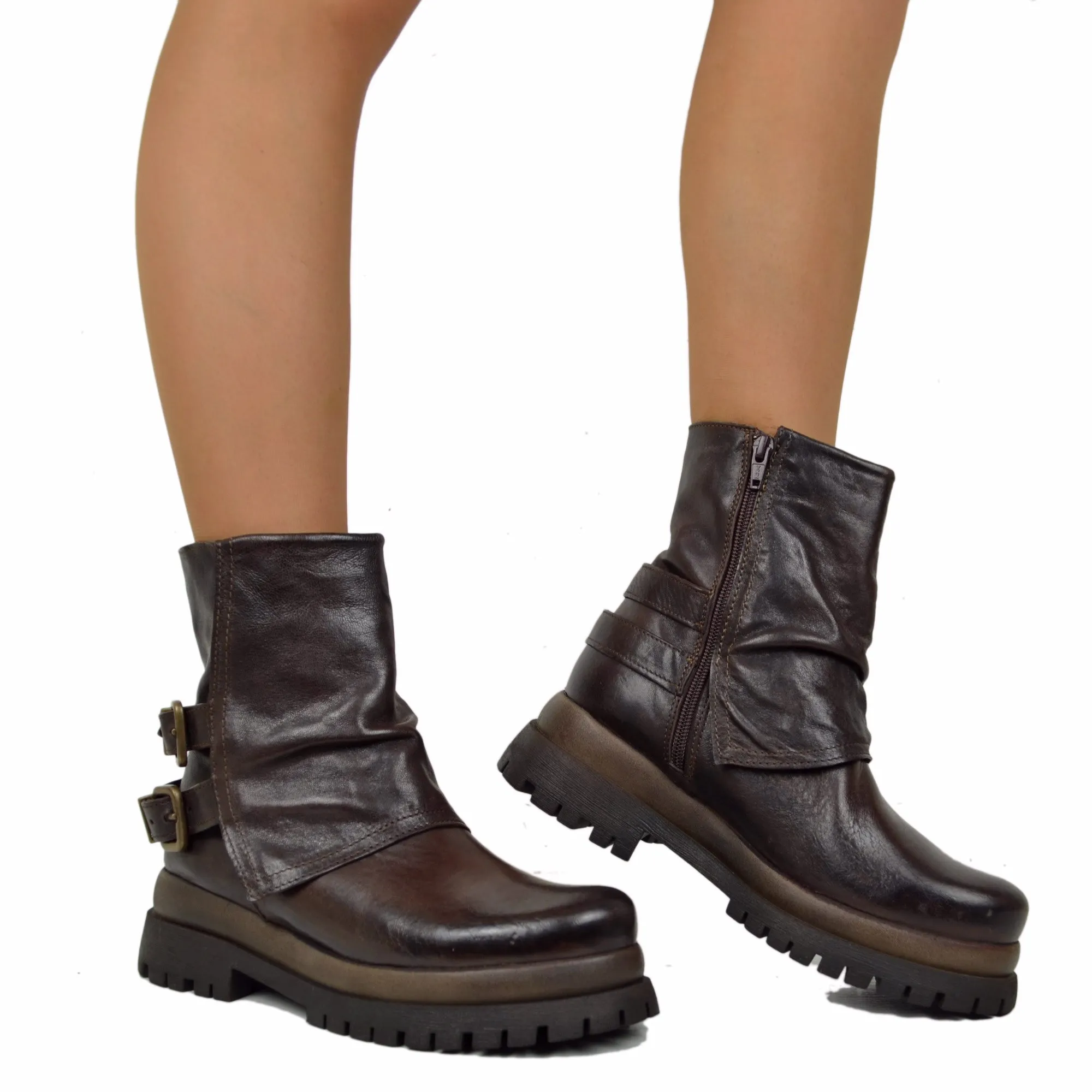 Biker Boots Platform con Ghetta e Zip Laterale Vera Pelle Marrone