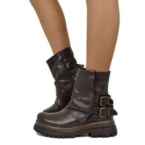 Biker Boots Platform con Ghetta e Zip Laterale Vera Pelle Marrone