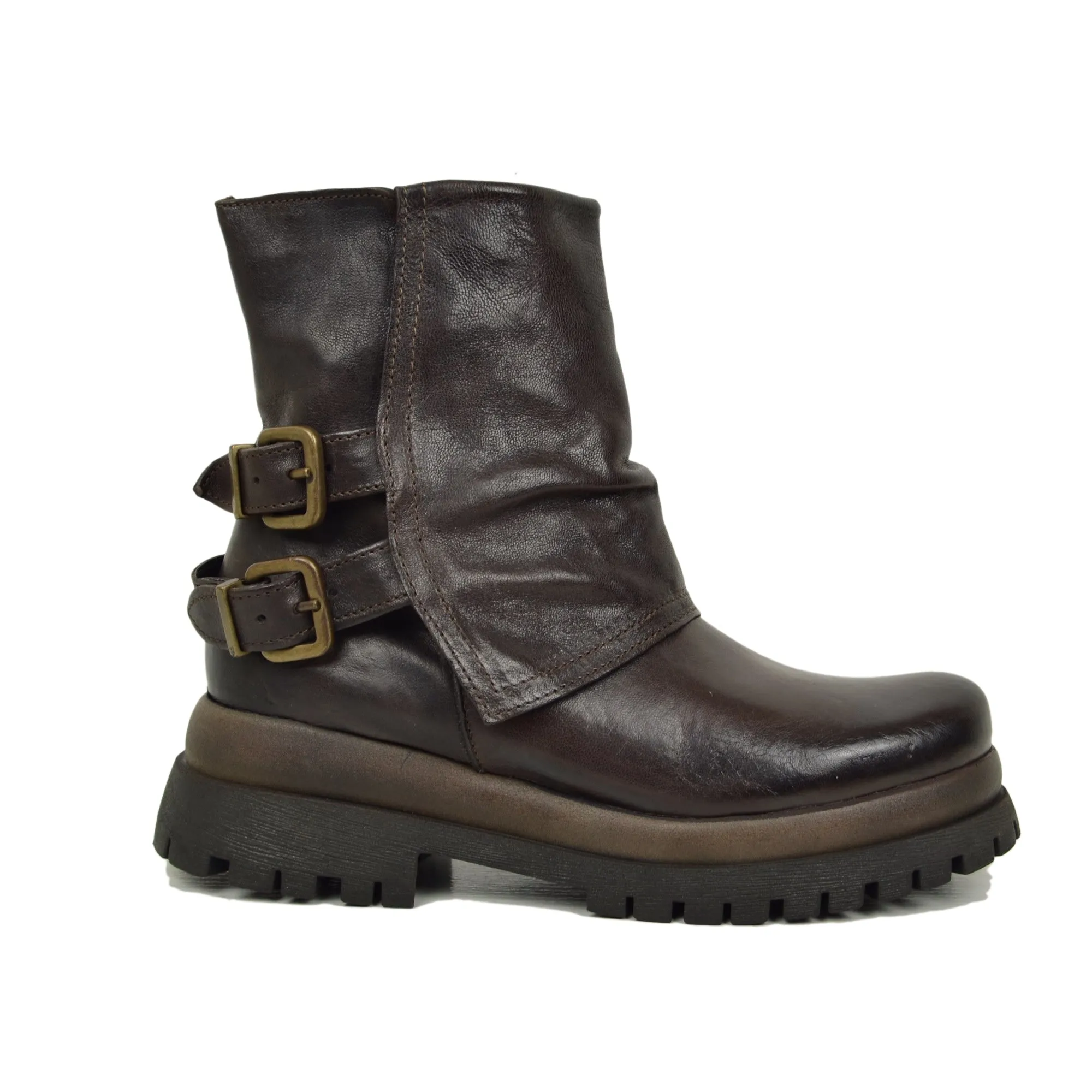 Biker Boots Platform con Ghetta e Zip Laterale Vera Pelle Marrone