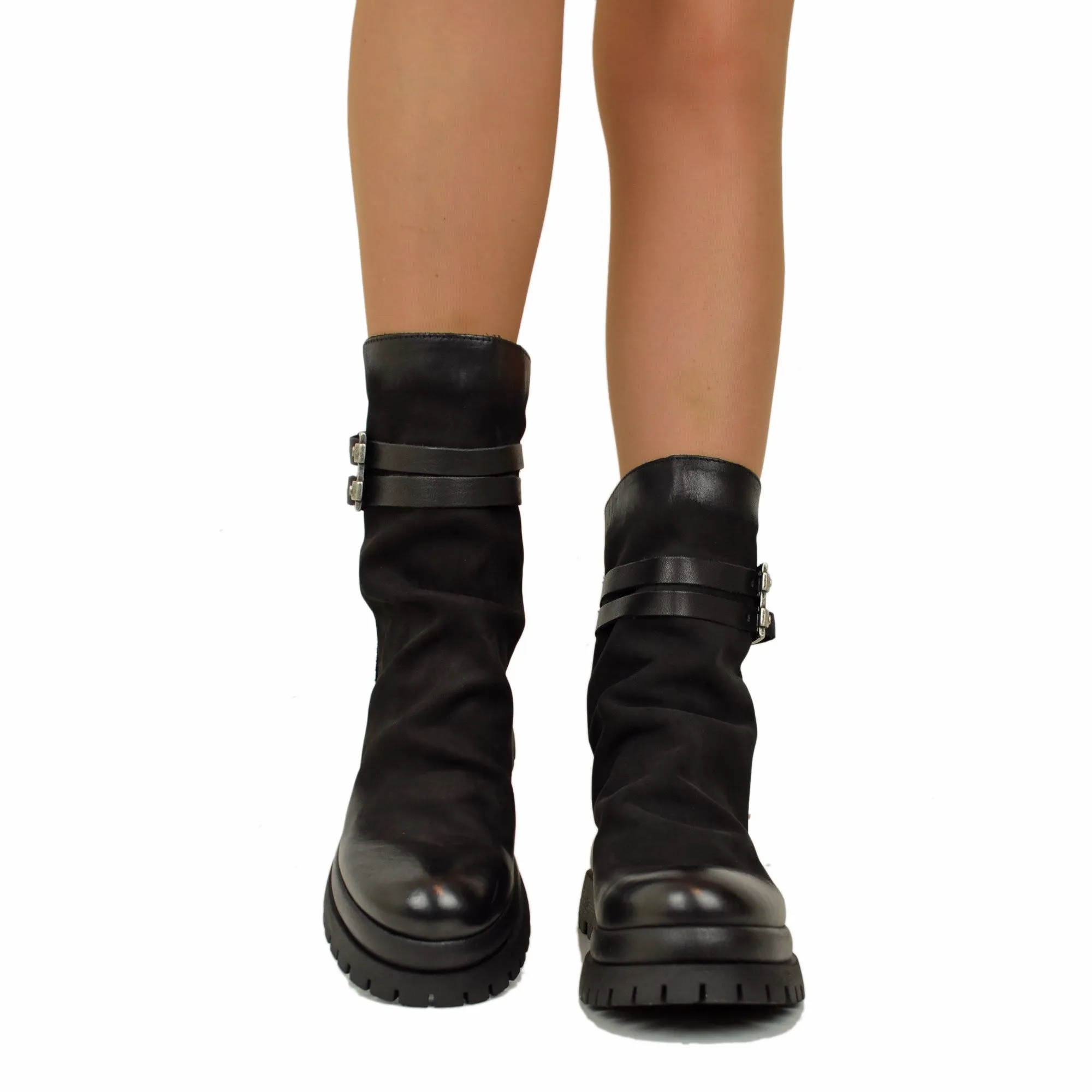 Biker Chunky boots Pelle Nabuk Stivaletti alla Caviglia Zip Posteriore Neri