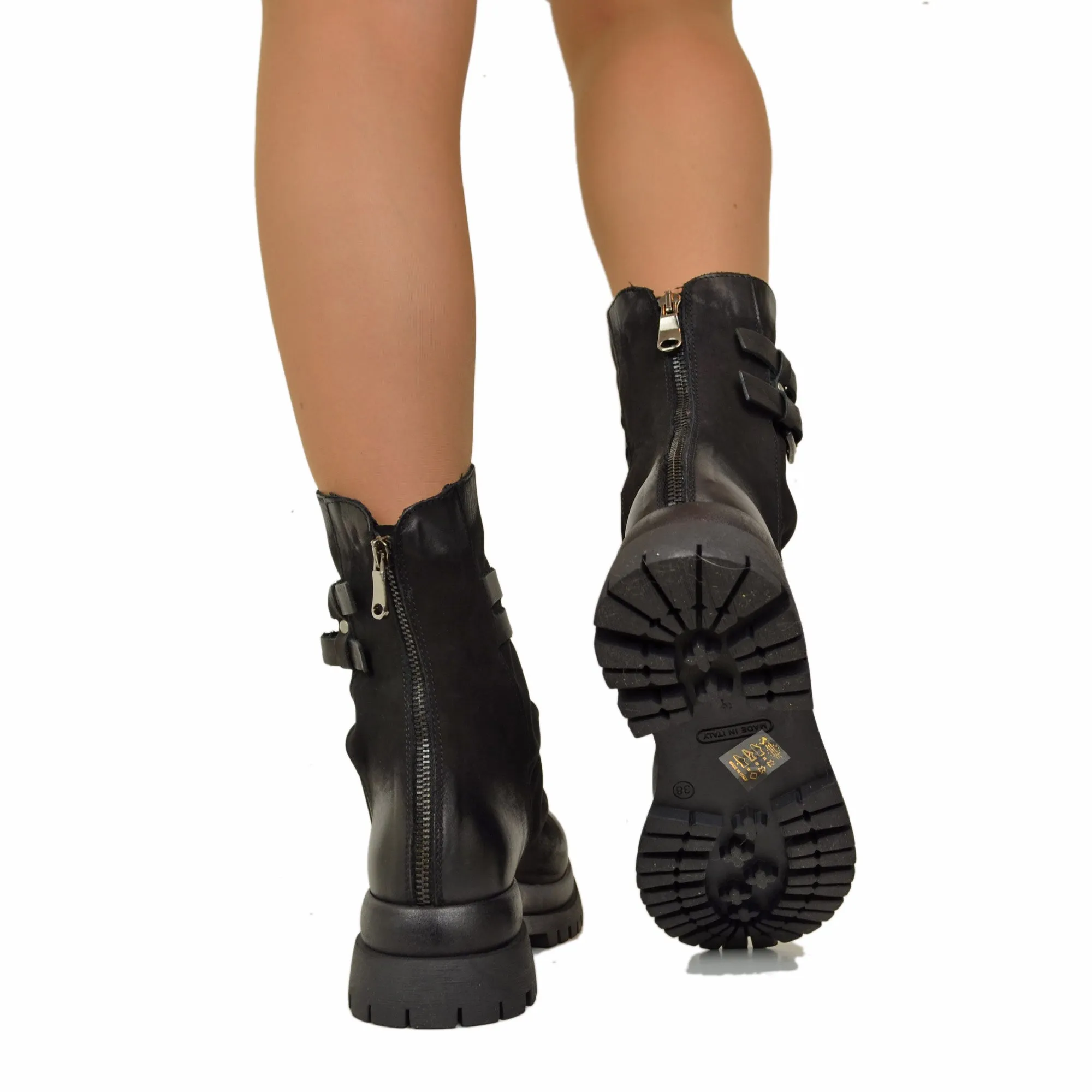 Biker Chunky boots Pelle Nabuk Stivaletti alla Caviglia Zip Posteriore Neri