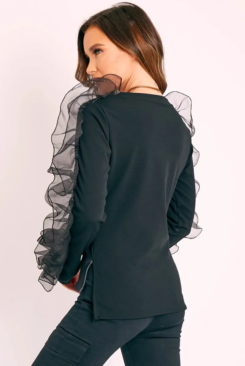 Black Graphic Print Organza Ruffle Sleeve Top - Gianni
