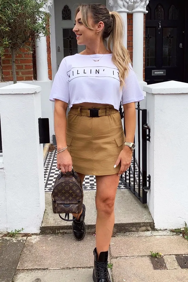 Camel Buckle Front Woven Utility Mini Skirt - Cally