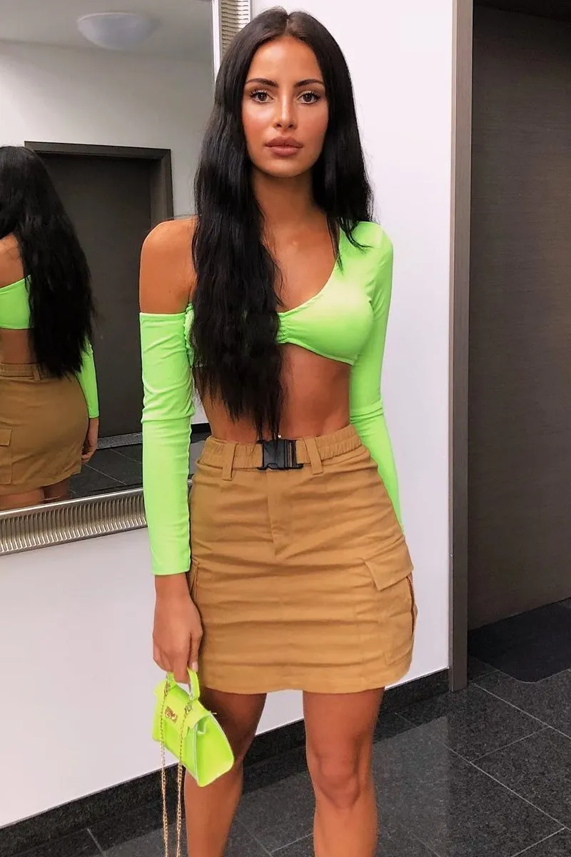 Camel Buckle Front Woven Utility Mini Skirt - Cally