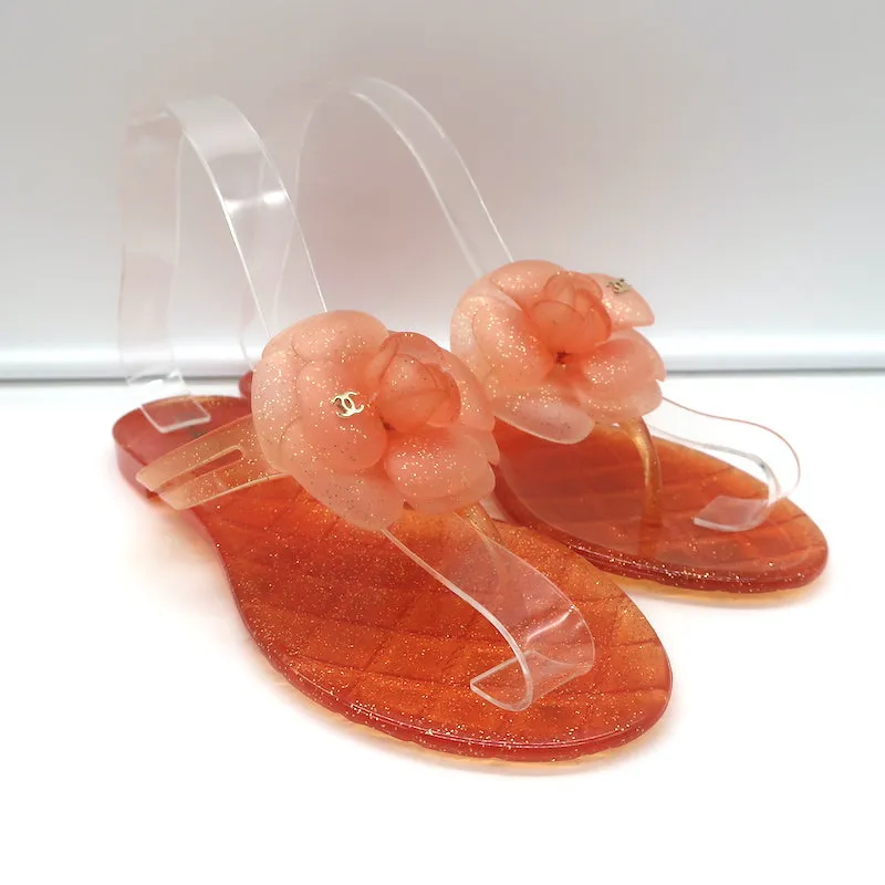 Chanel Camellia Glitter Jelly Thong Sandals Orange Size 37 Flat Slides NEW