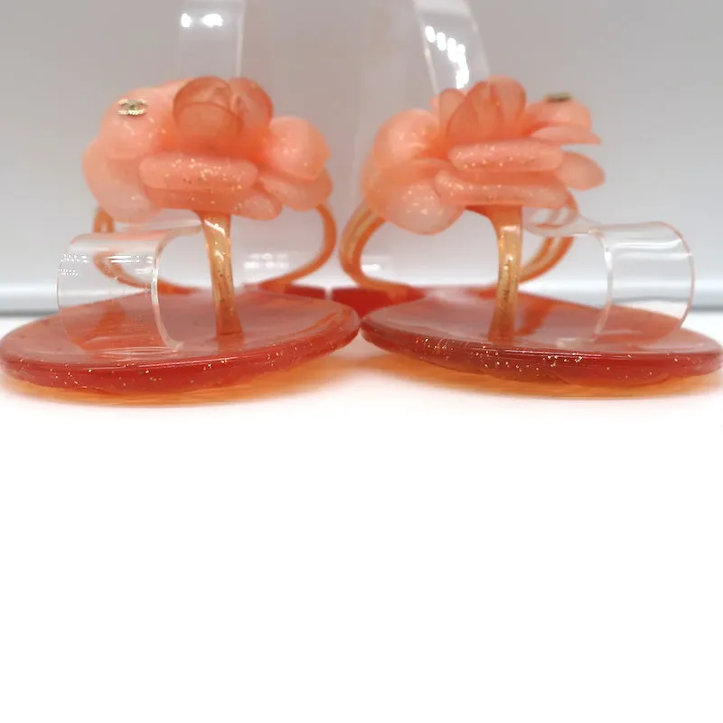 Chanel Camellia Glitter Jelly Thong Sandals Orange Size 37 Flat Slides NEW