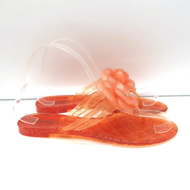 Chanel Camellia Glitter Jelly Thong Sandals Orange Size 37 Flat Slides NEW