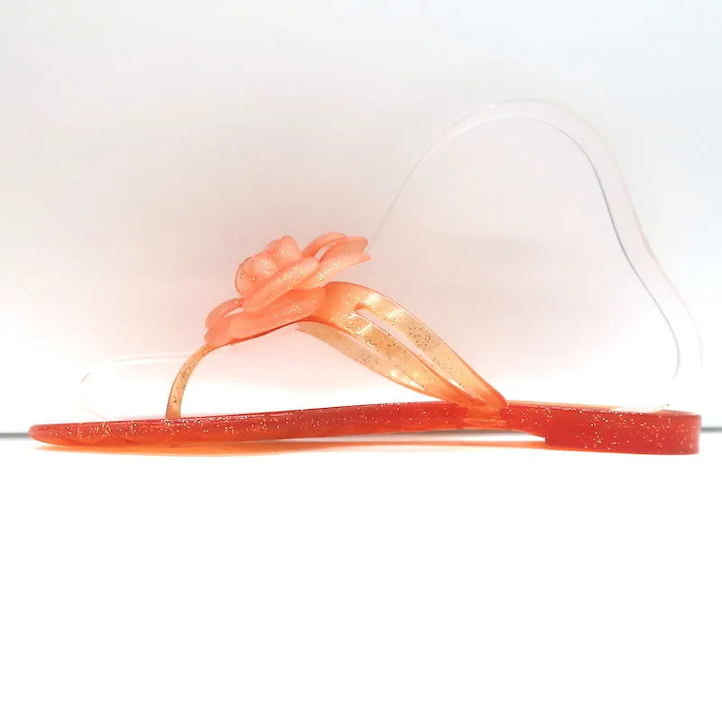 Chanel Camellia Glitter Jelly Thong Sandals Orange Size 37 Flat Slides NEW
