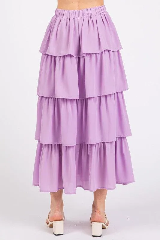 Chiffon Ruffle Layer Elastic Waist Midi Skirt