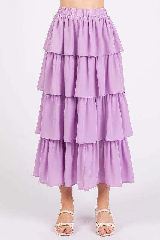 Chiffon Ruffle Layer Elastic Waist Midi Skirt