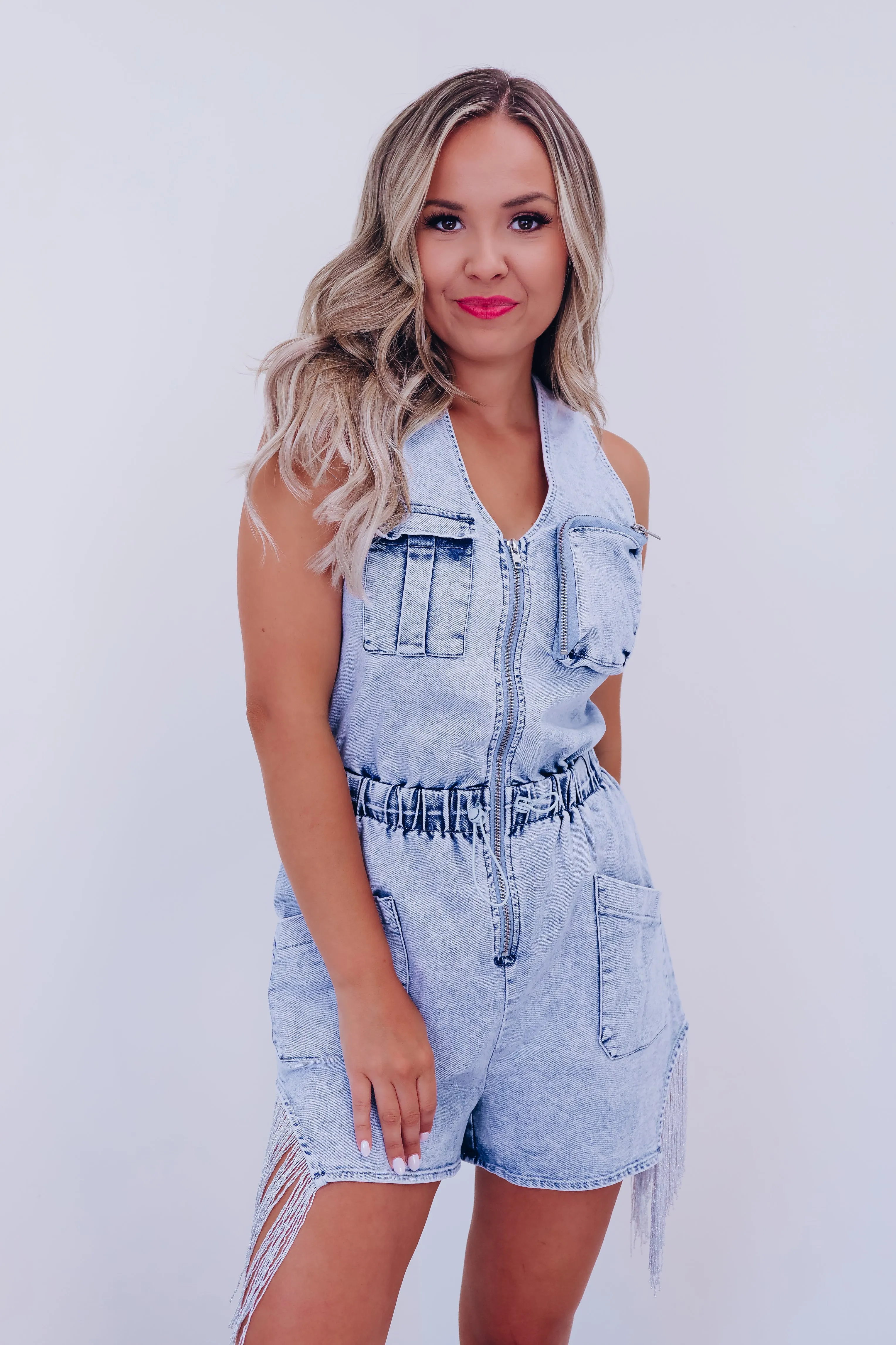 Clara Cross Back Denim Romper