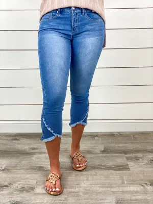 Cross Over Frayed Hem Jeans - Light Wash