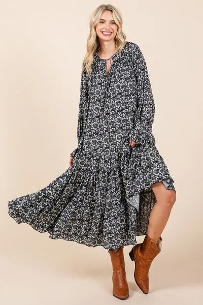 Dark Navy Printed Tie Neck Flounce Sleeve Midi Dress