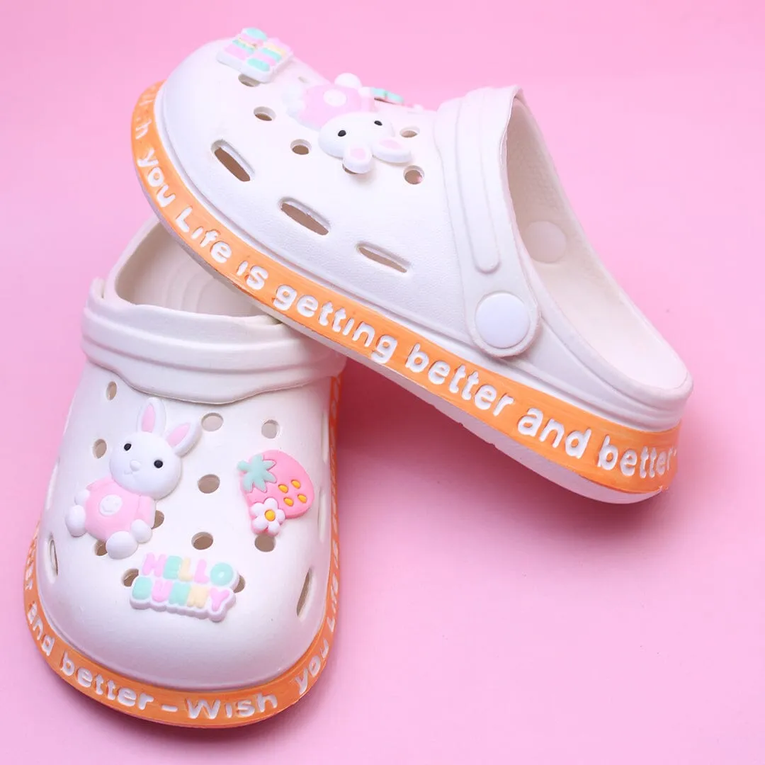 Dashing White Hello Bunny Kids Clogs