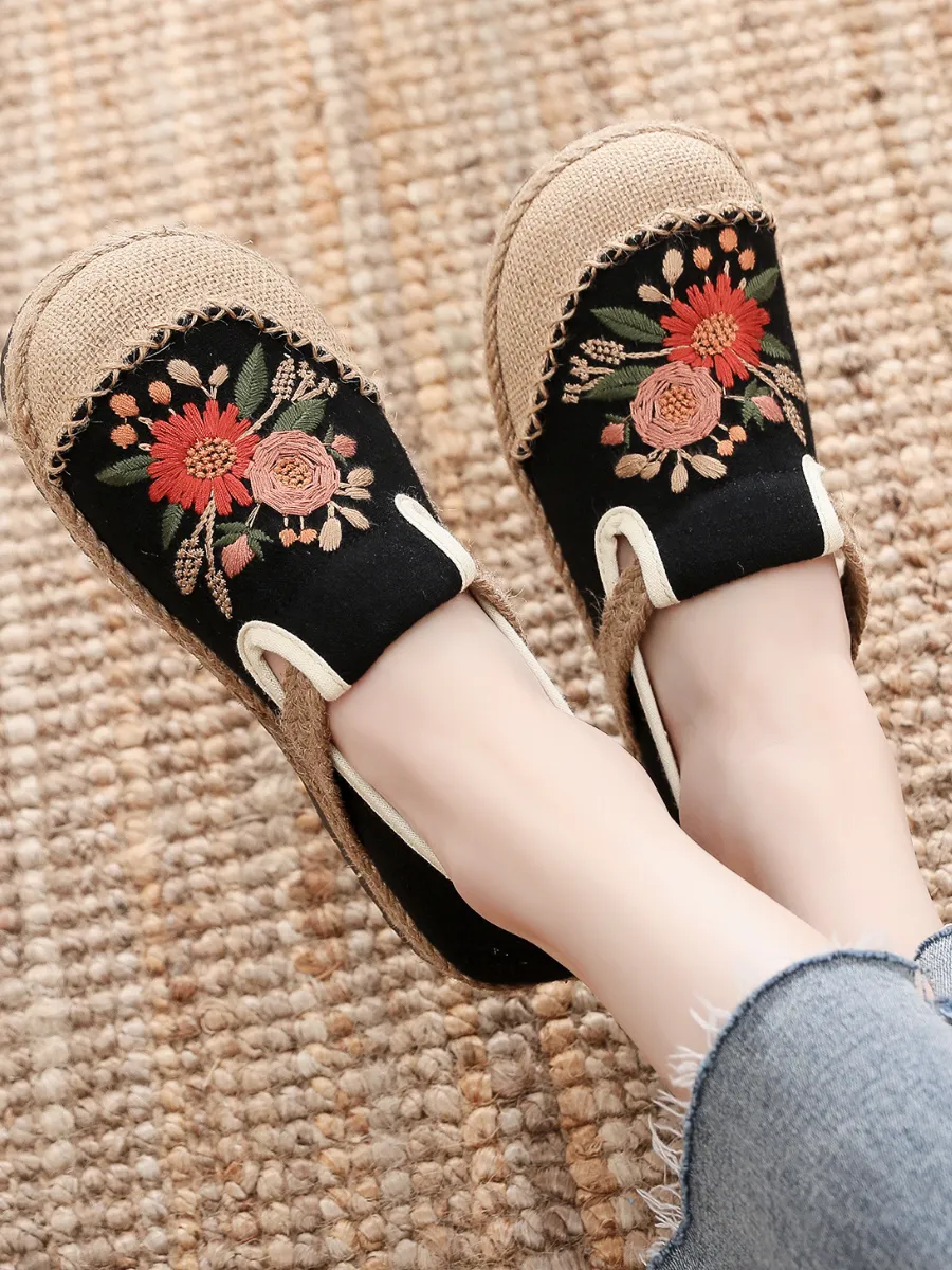 Double Kiss Floral Embroidered Linen Espadrilles - Black