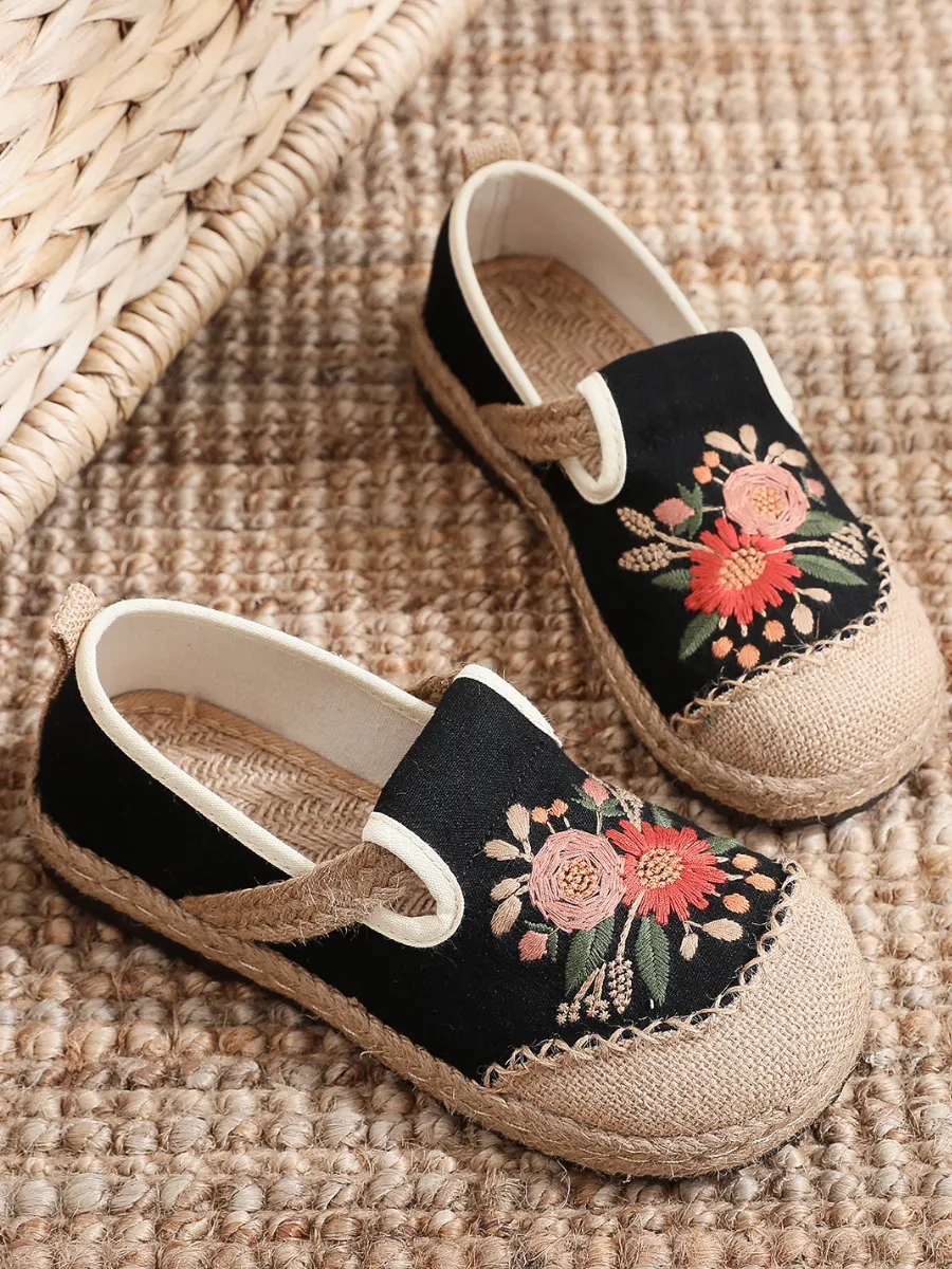 Double Kiss Floral Embroidered Linen Espadrilles - Black