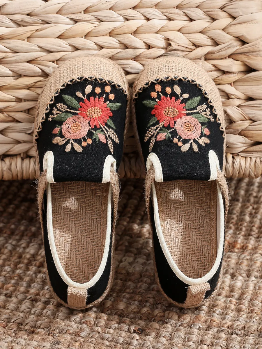 Double Kiss Floral Embroidered Linen Espadrilles - Black