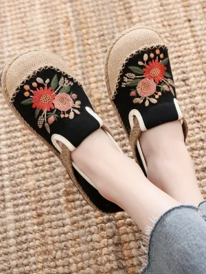 Double Kiss Floral Embroidered Linen Espadrilles - Black