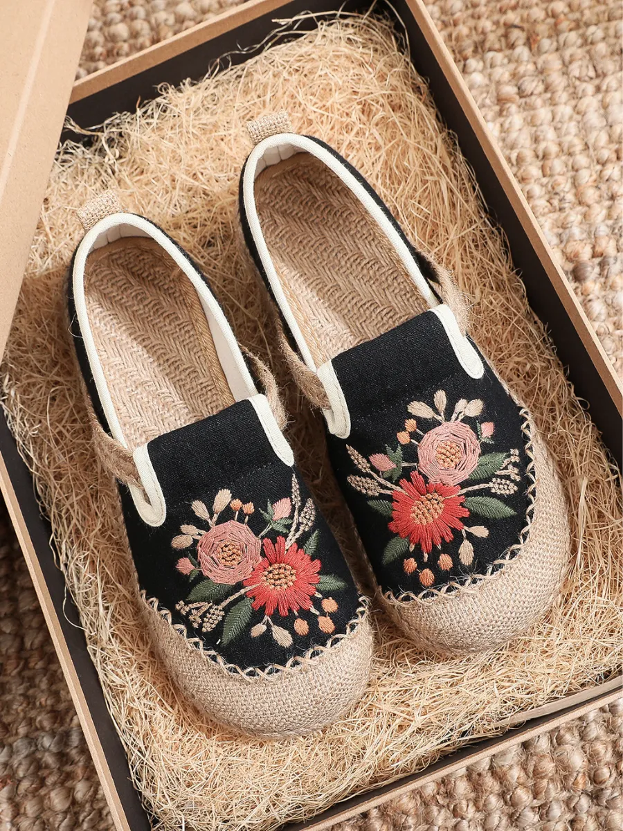 Double Kiss Floral Embroidered Linen Espadrilles - Black