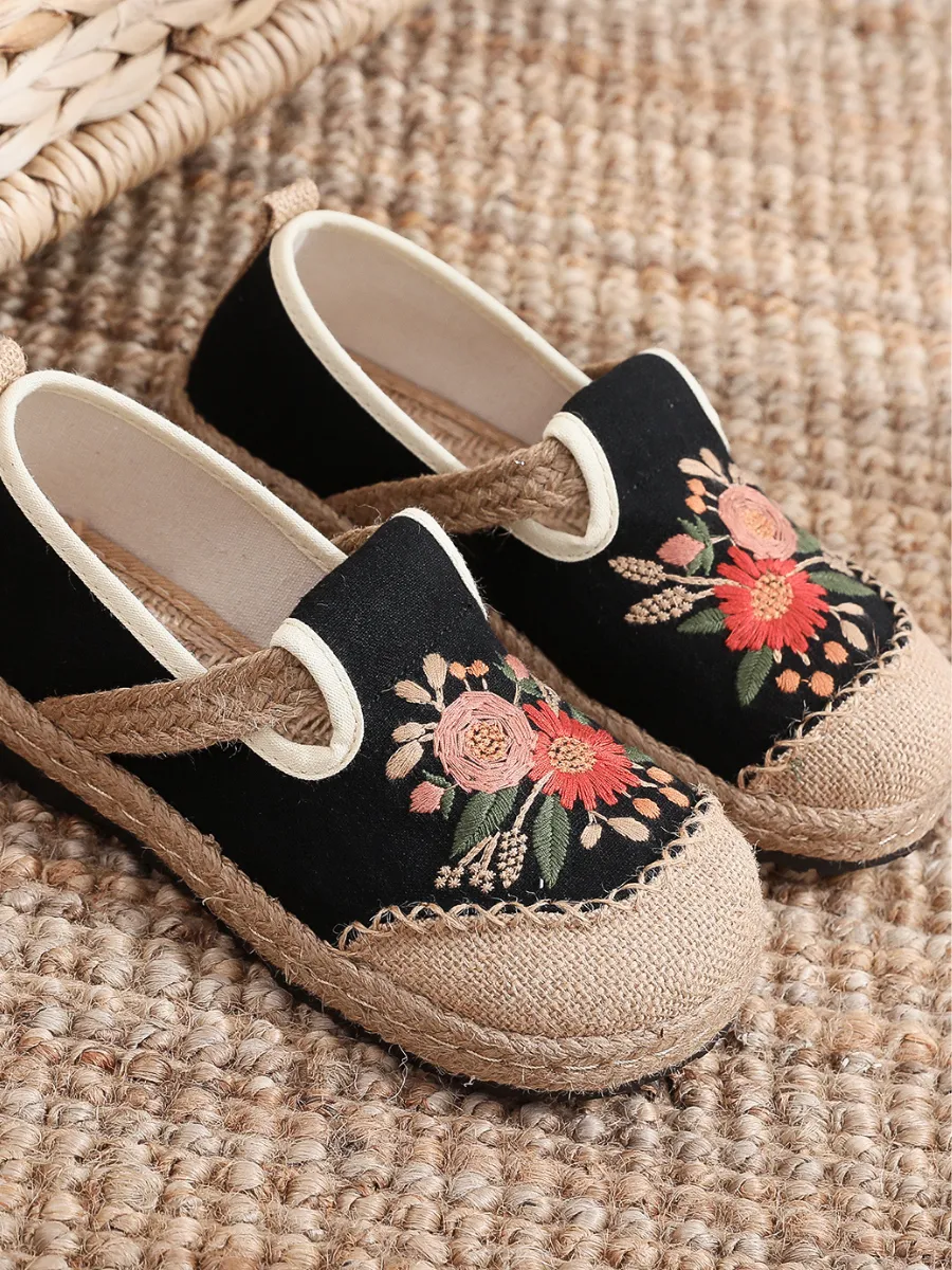 Double Kiss Floral Embroidered Linen Espadrilles - Black
