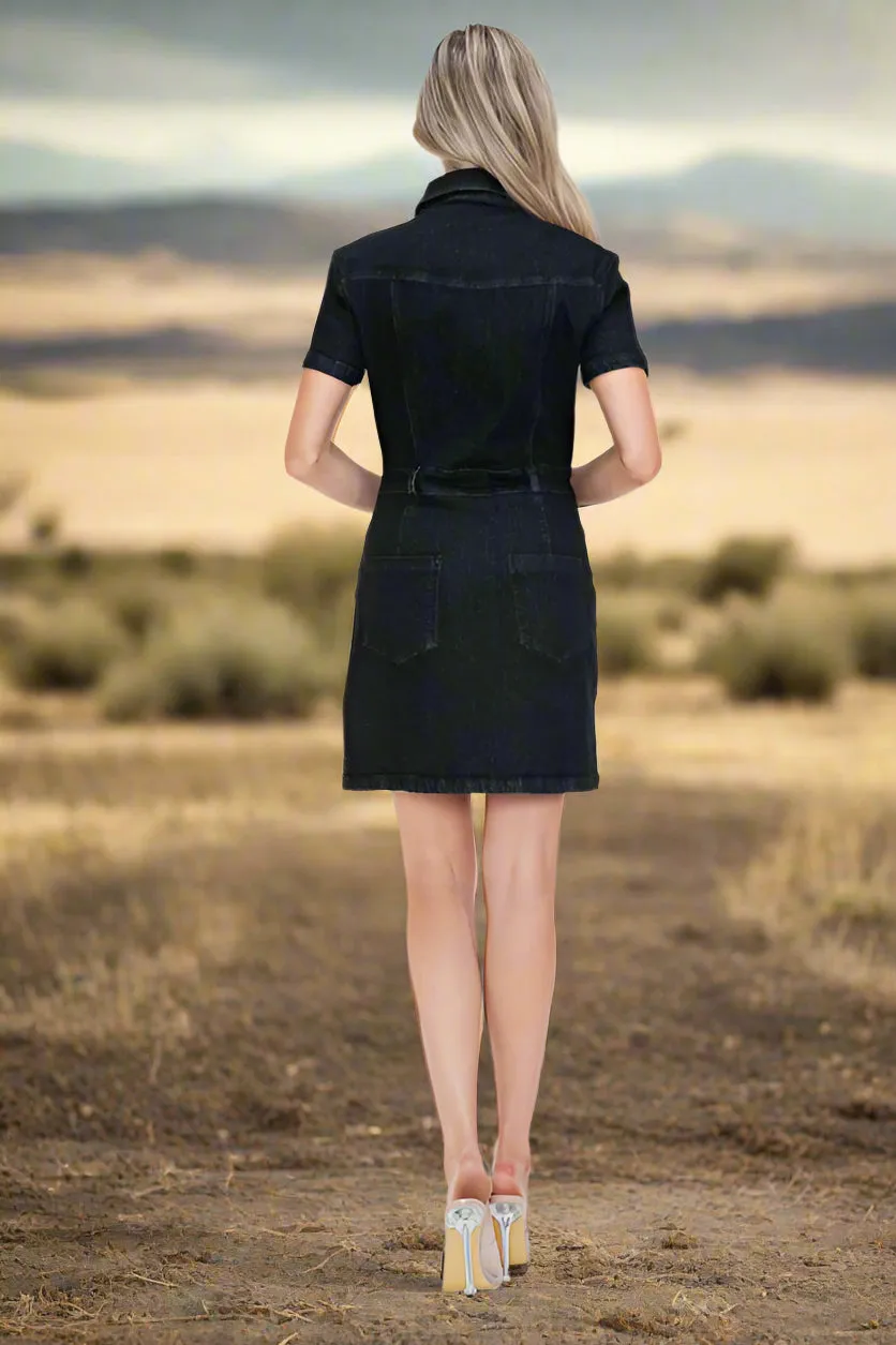 Embellished Button Down Western Short Sleeve Denim Dress